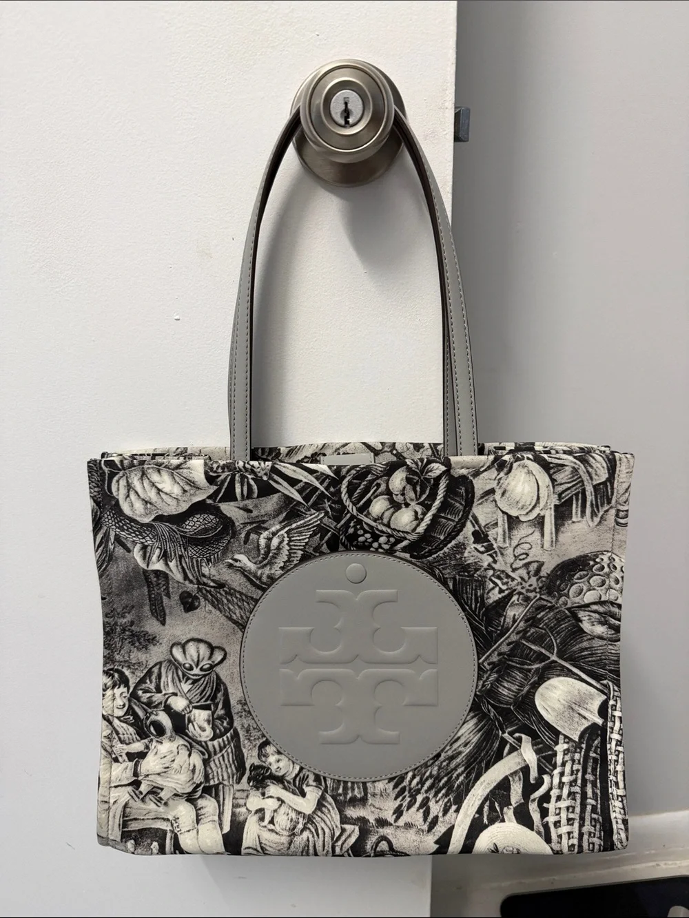Tory Burch Ella Alien Print Canvas Logo Tote with Grey Leather Trim NWOT